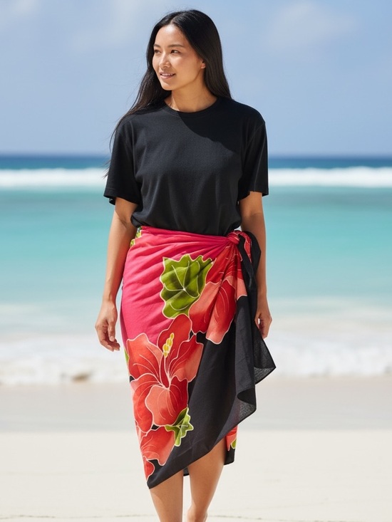 Other - Floral Beach Sarong w/‘Costa Rica' & ‘Pura Vida’ Scripts in Black/Coral/Green